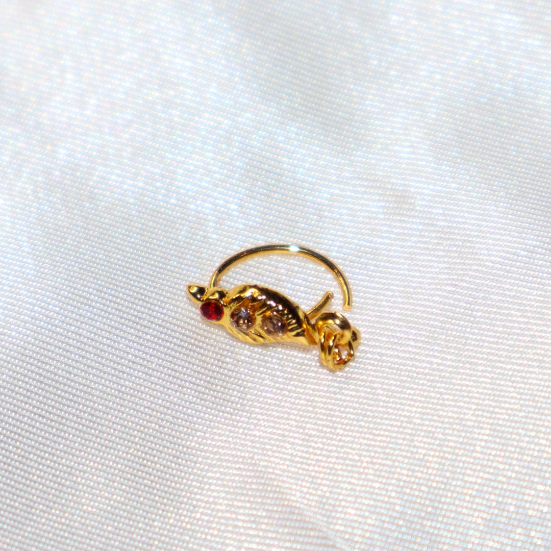 Leaf Design Nose Ring with Red and Brown Diamonds