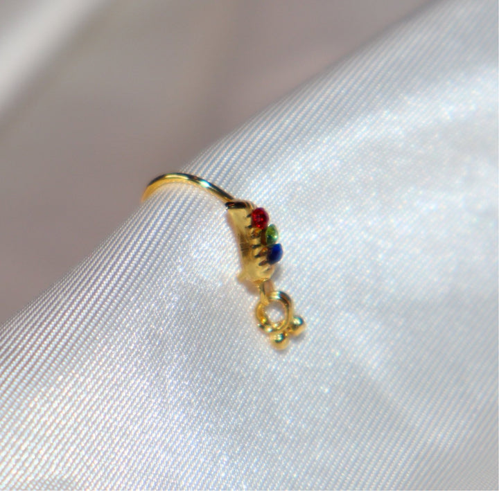 Leaf Hoop Nose Ring With Colorful Diamonds and Dangling Ends