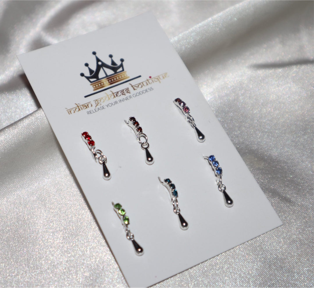 Set of 6 Colored Diamond and Teardrop Silver Nose Rings