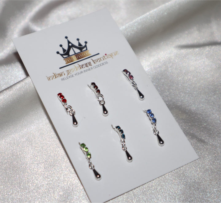Set of 6 Colored Diamond and Teardrop Silver Nose Rings