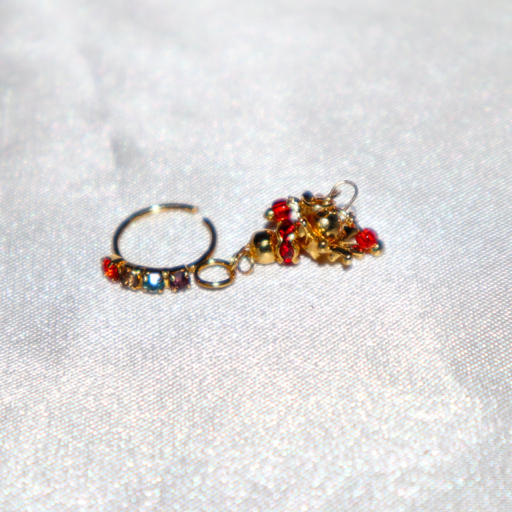 14K Gold Plated Multicolored Nose Ring with Dangling Red And Gold Flower Ends