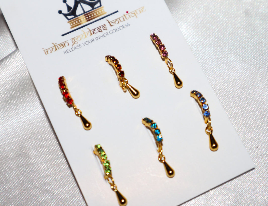 Set of 6 Colored Diamond Gold Hoop Nose Rings with with Tear Drop 