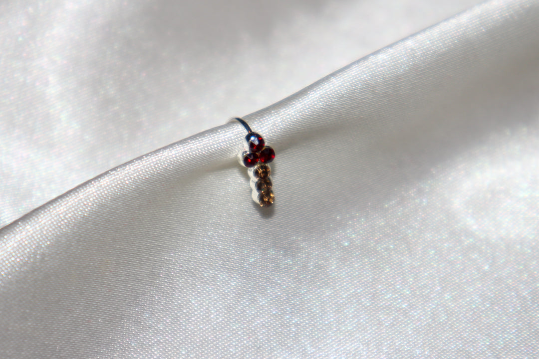Silver Hoop Nose Ring with Red and Yellow Diamonds in T Shape