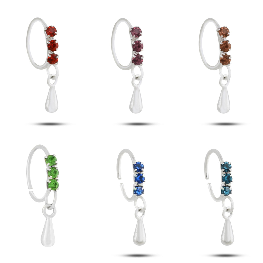 Set of 6 Colored Diamond and Teardrop Silver Nose Rings