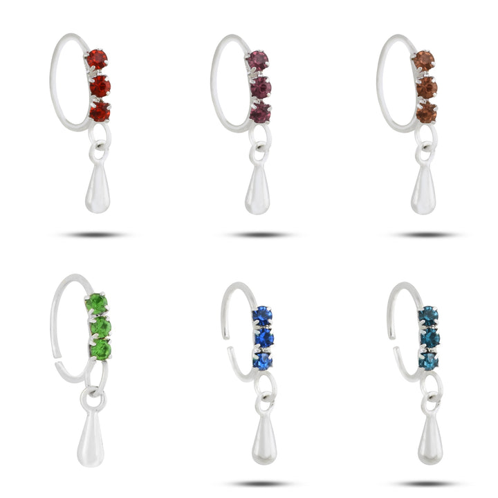 Set of 6 Colored Diamond and Teardrop Silver Nose Rings