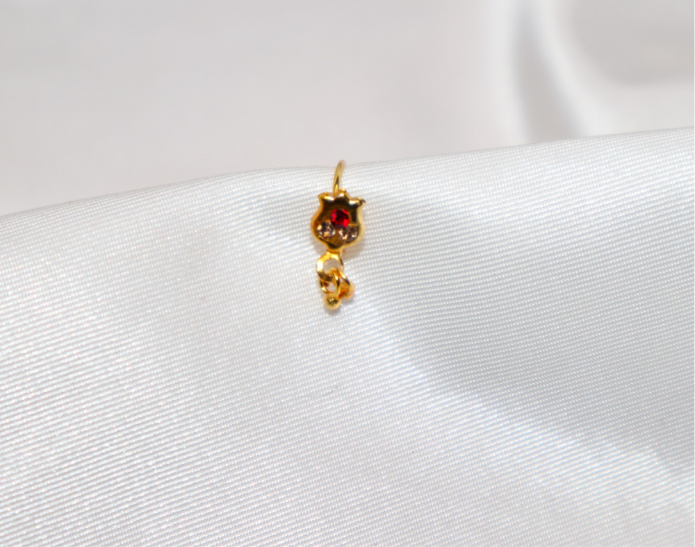 Tulip Design Nose Ring with Colored Diamonds and Dangling End