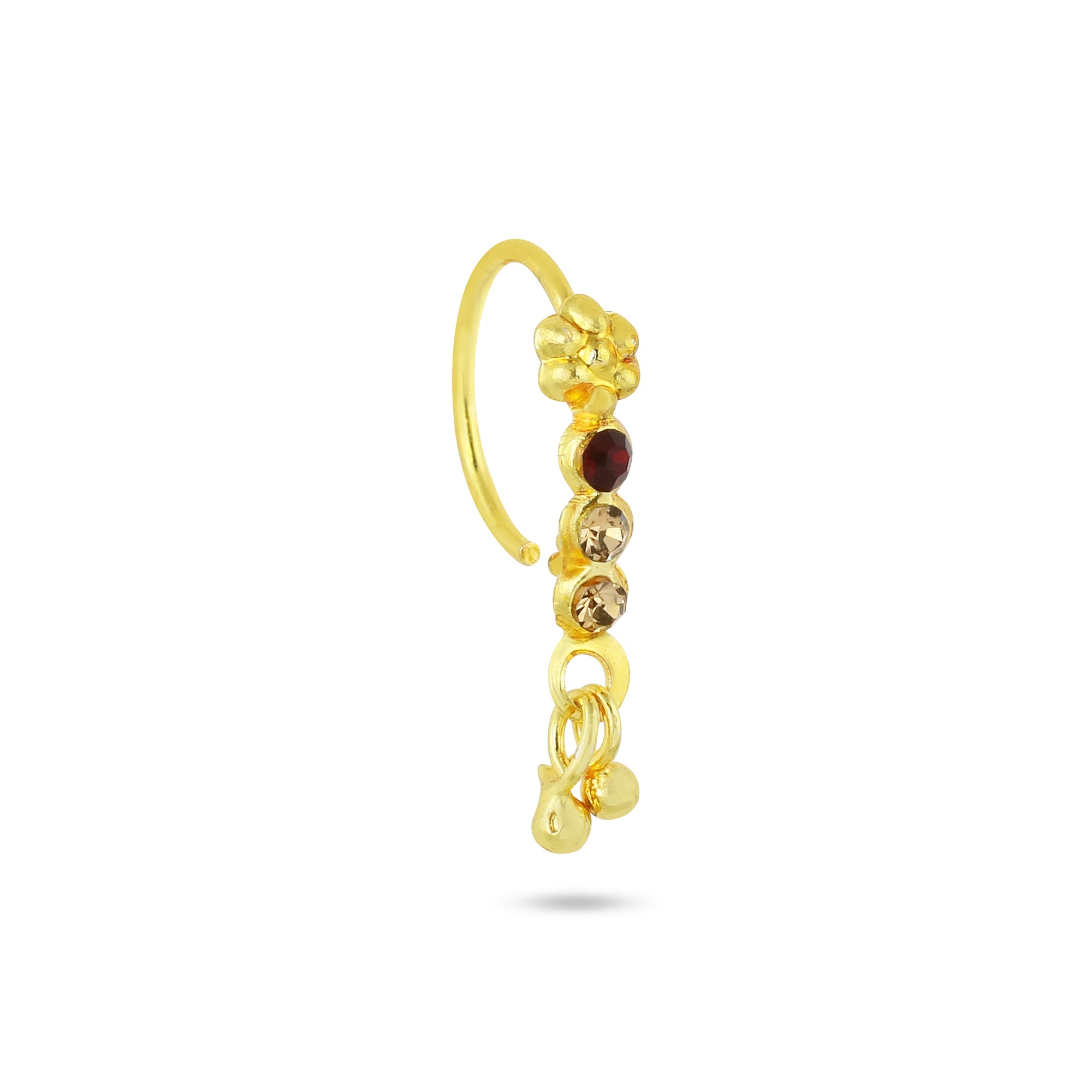 Gold Flower Red Diamond Dangling Nose Ring