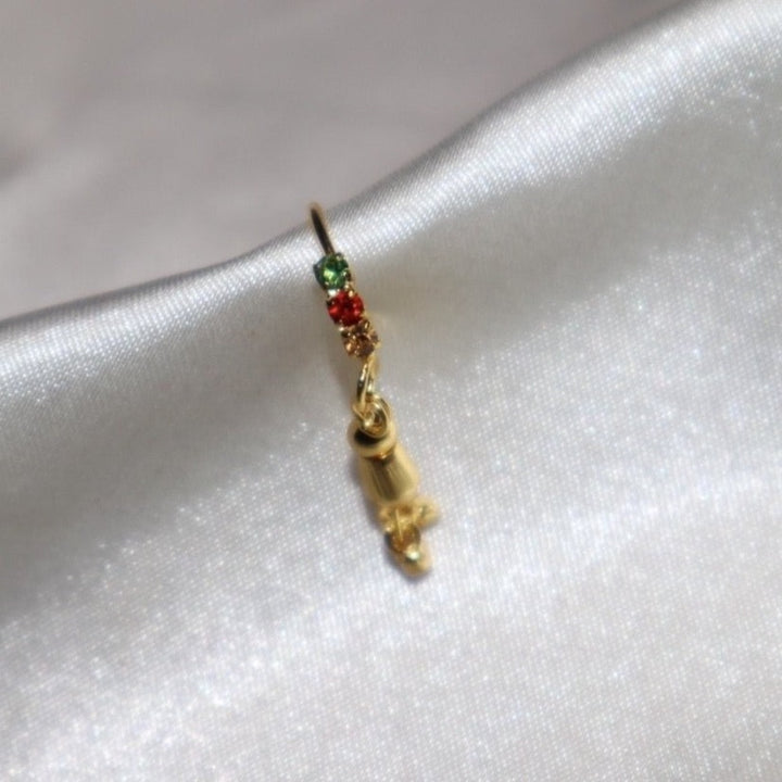 3 Colored Diamond Nose Ring With Extended Dangling Gold Ends