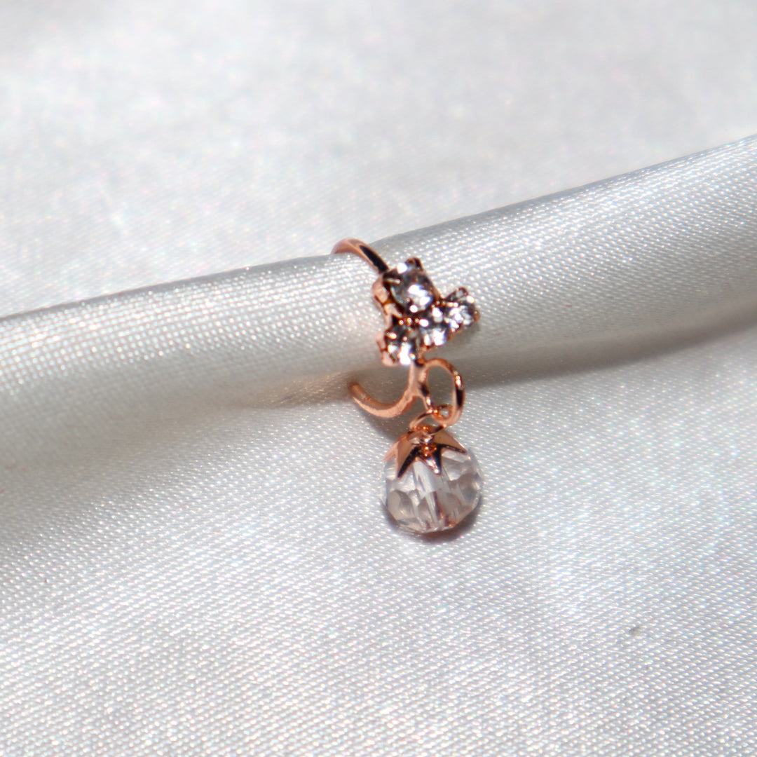 Rose Gold Diamond Nose Ring with Dangling Clear Ball End