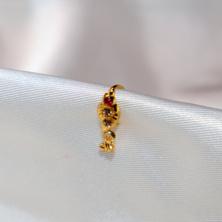 Leaf Design Nose Ring with Red  and Brown Diamonds