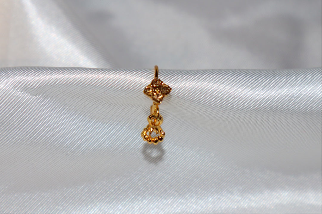 Gold Nose Ring with 4 Brown Diamonds and Dangling Crown End