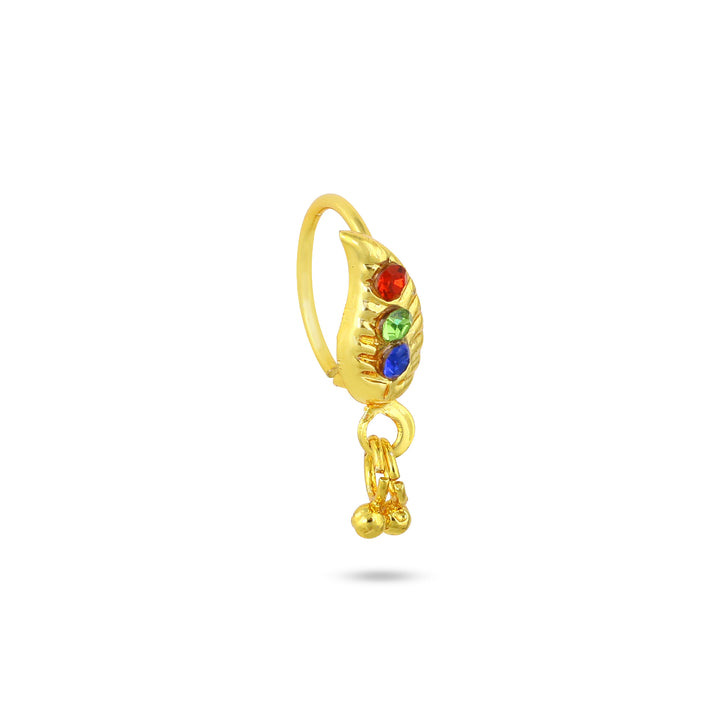 Leaf Hoop Nose Ring With Colorful Diamonds and Dangling Ends