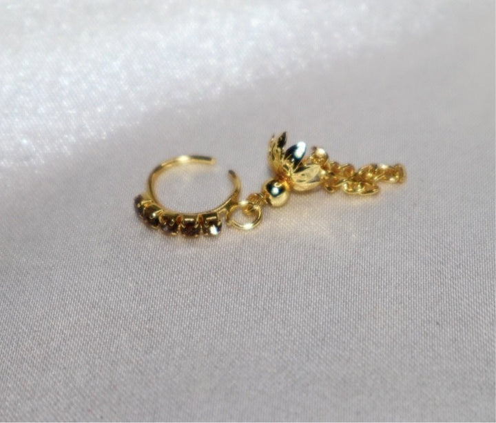 Brown 5 Diamond Nose Ring with Long Gold Dangling Flower End