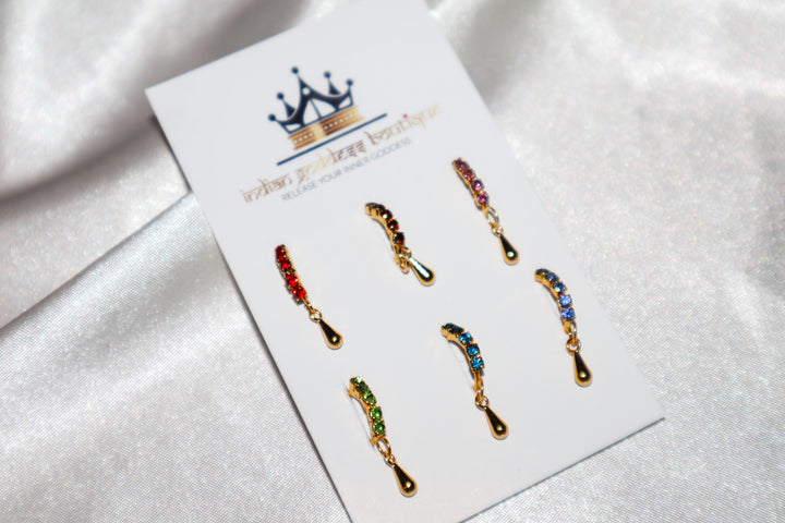 Set of 6 Colored Diamond Gold Hoop Nose Rings with with Tear Drop 