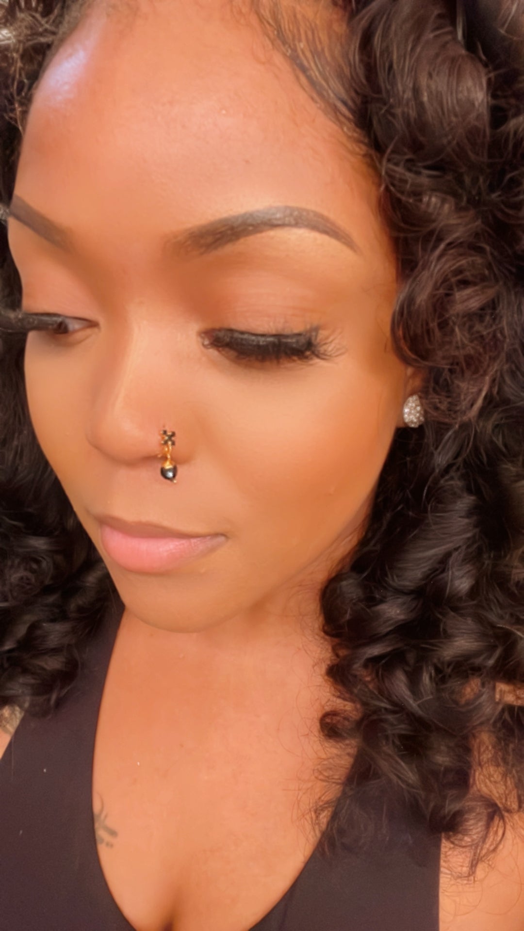 Diamond X Design Nose Ring with Dangling Ball End