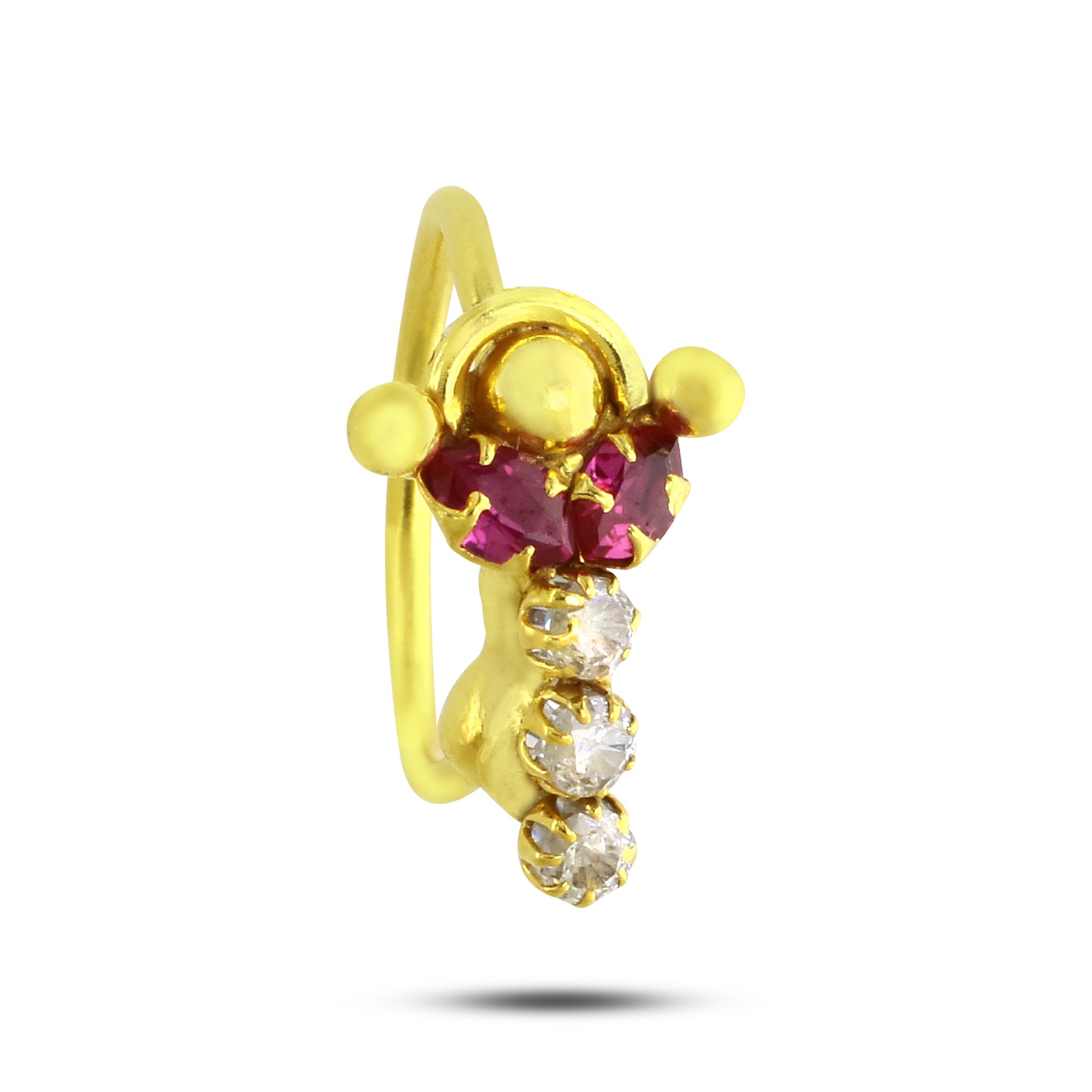 14k Gold Plated Nose Ring with Red and White Diamond Trident Design