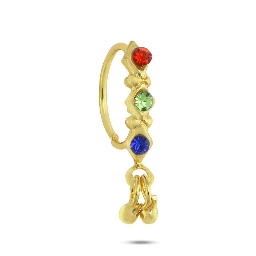 Red, Lime Green, and Blue Nose Ring with Dangling Gold Ends