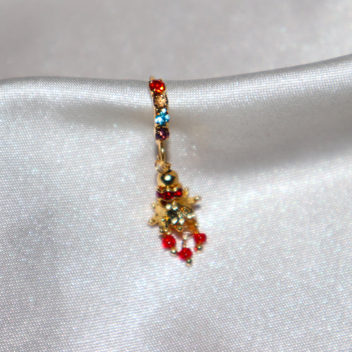 14K Gold Plated Multicolored Nose Ring with Dangling Red And Gold Flower Ends