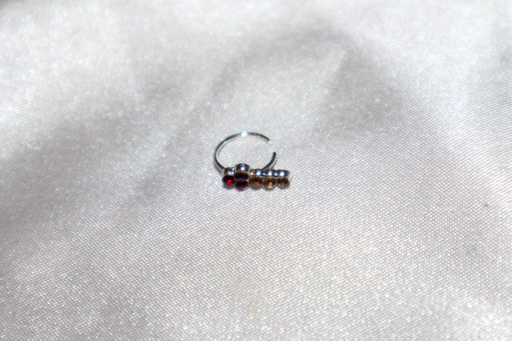 Silver Hoop Nose Ring with Red and Yellow Diamonds in T Shape