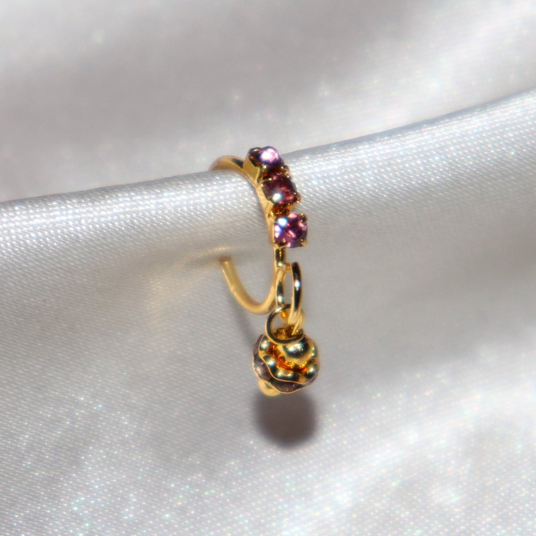 Purple 3 Diamond Nose Ring with Gold and Red Ball End