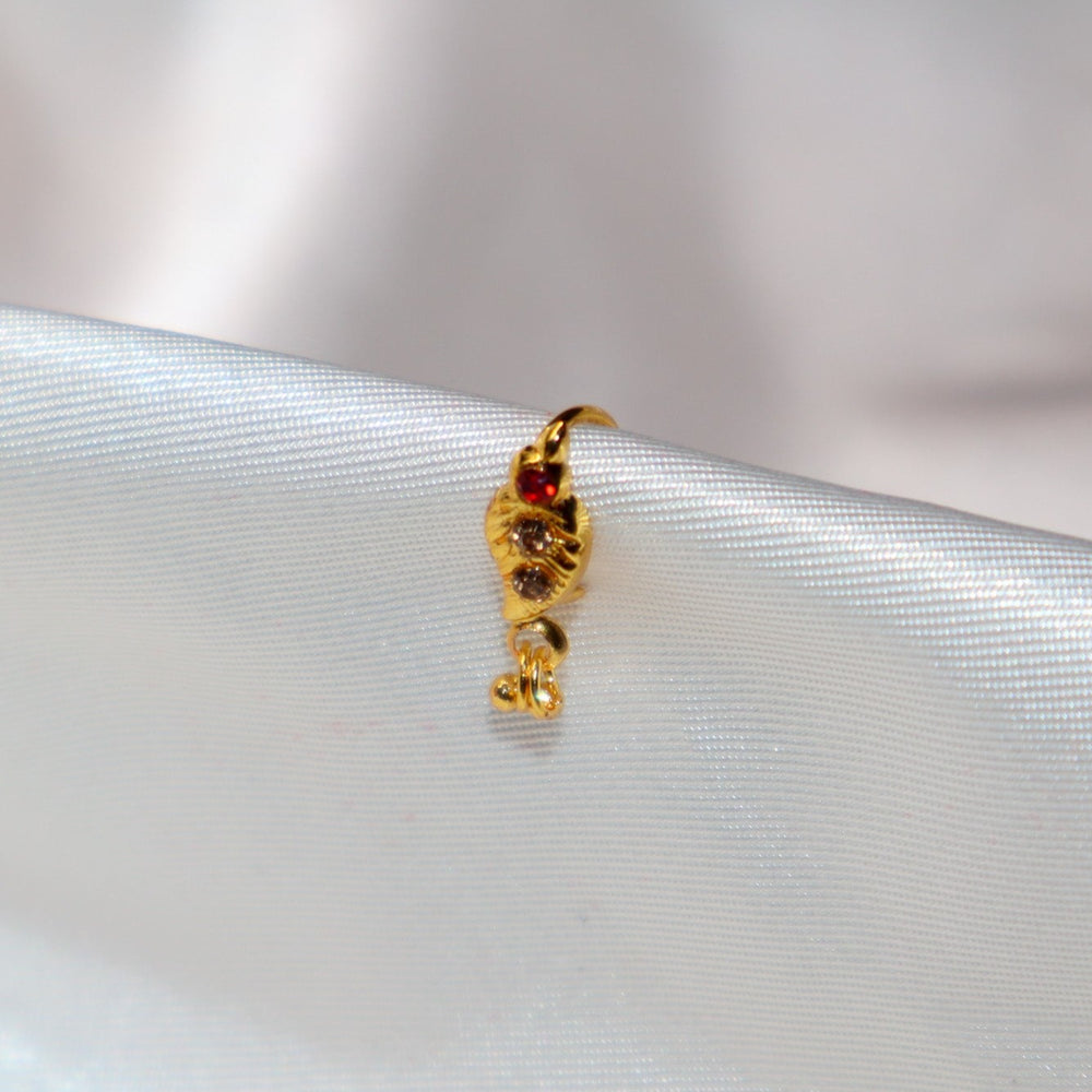 Leaf Design Nose Ring with Red and Brown Diamonds