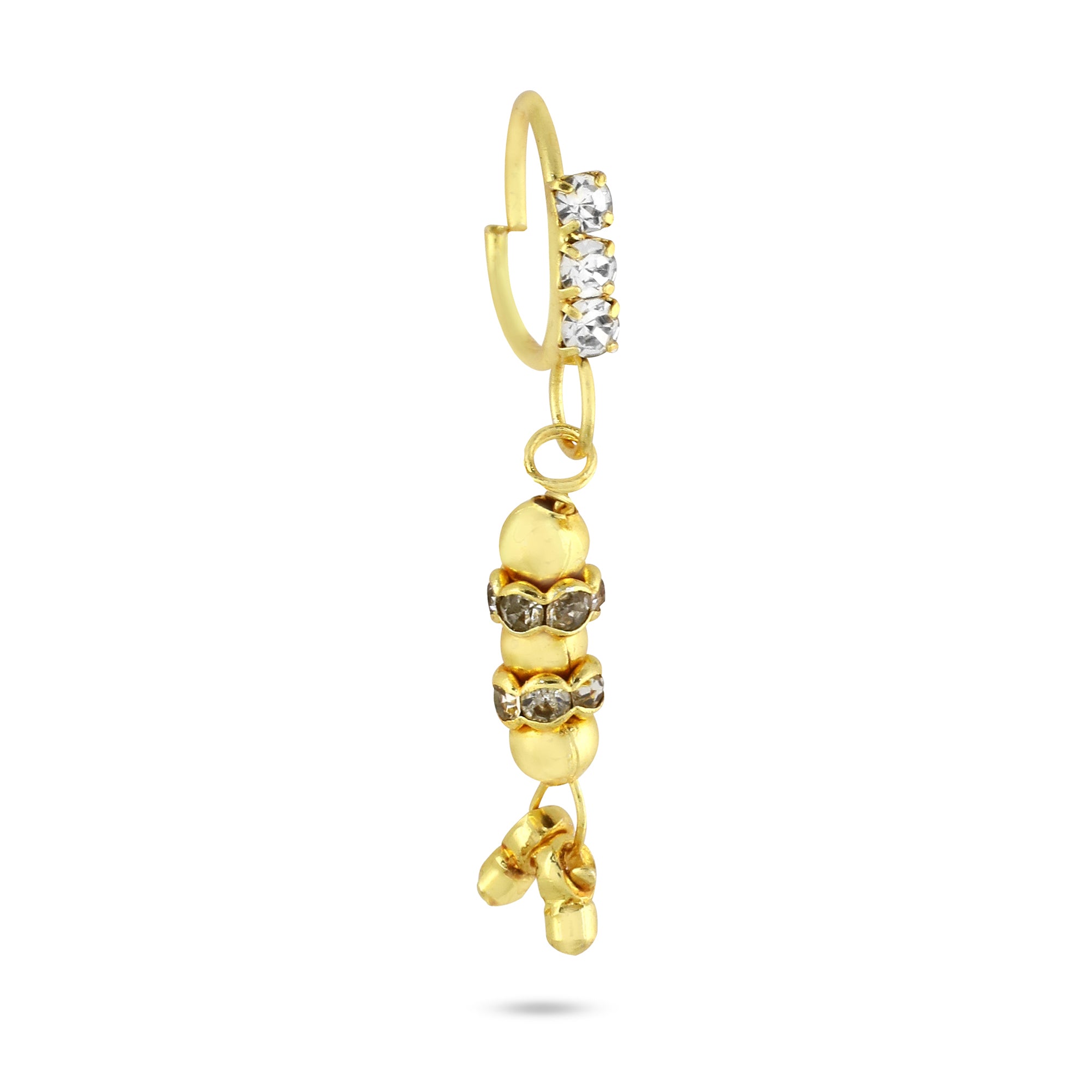 3 Diamond with 3 Gold Balls Dangling End Nose Ring